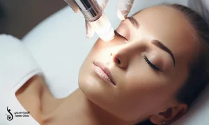 لیزر اربیوم صورت خانمی که در کلینیک دراز کشیده است